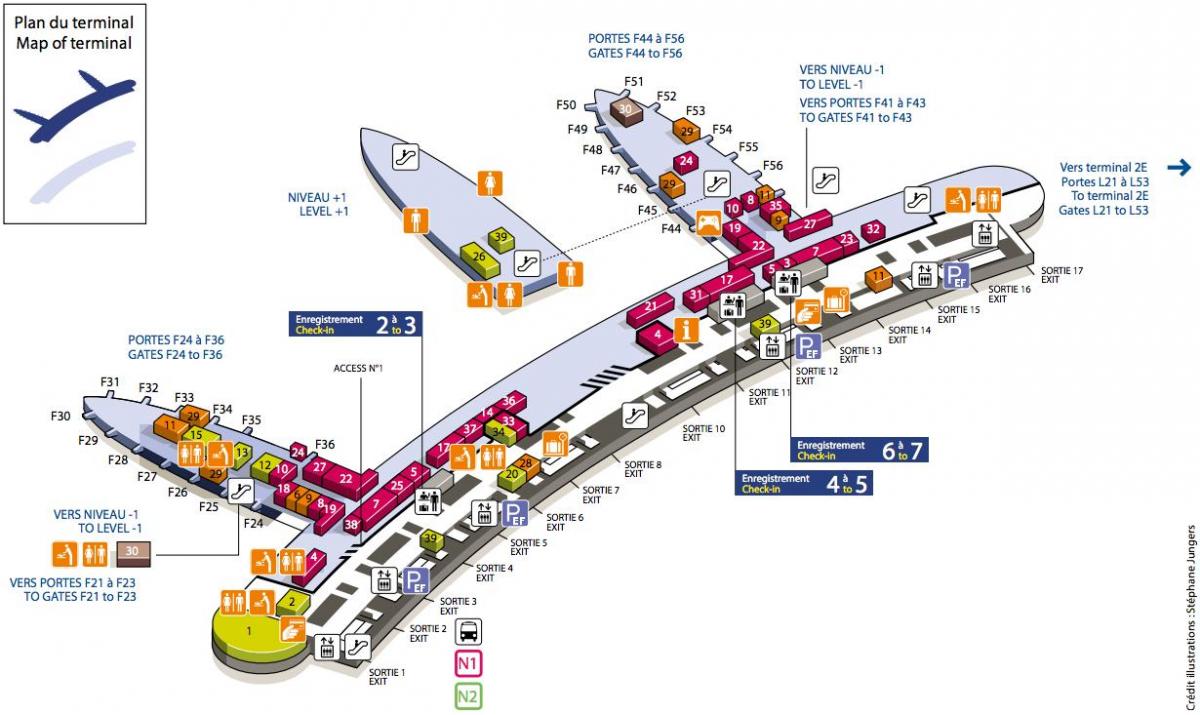 Карта на Шарл де Гол летище терминал 2Ф