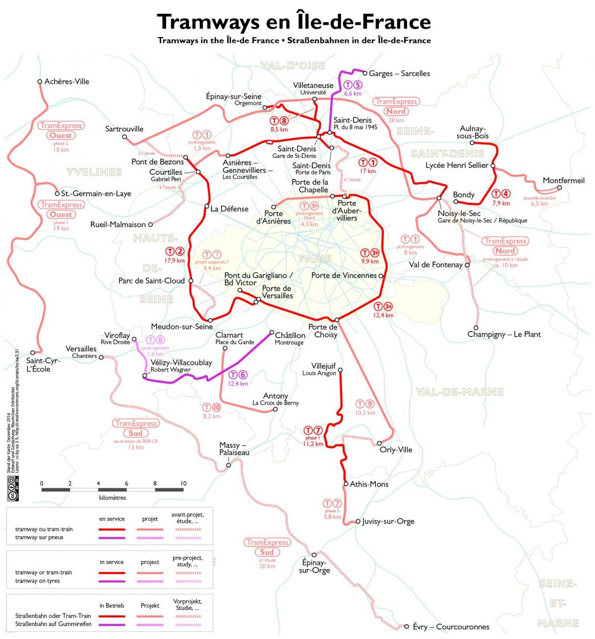 Карта на Ил-дьо-Франс трамваи
